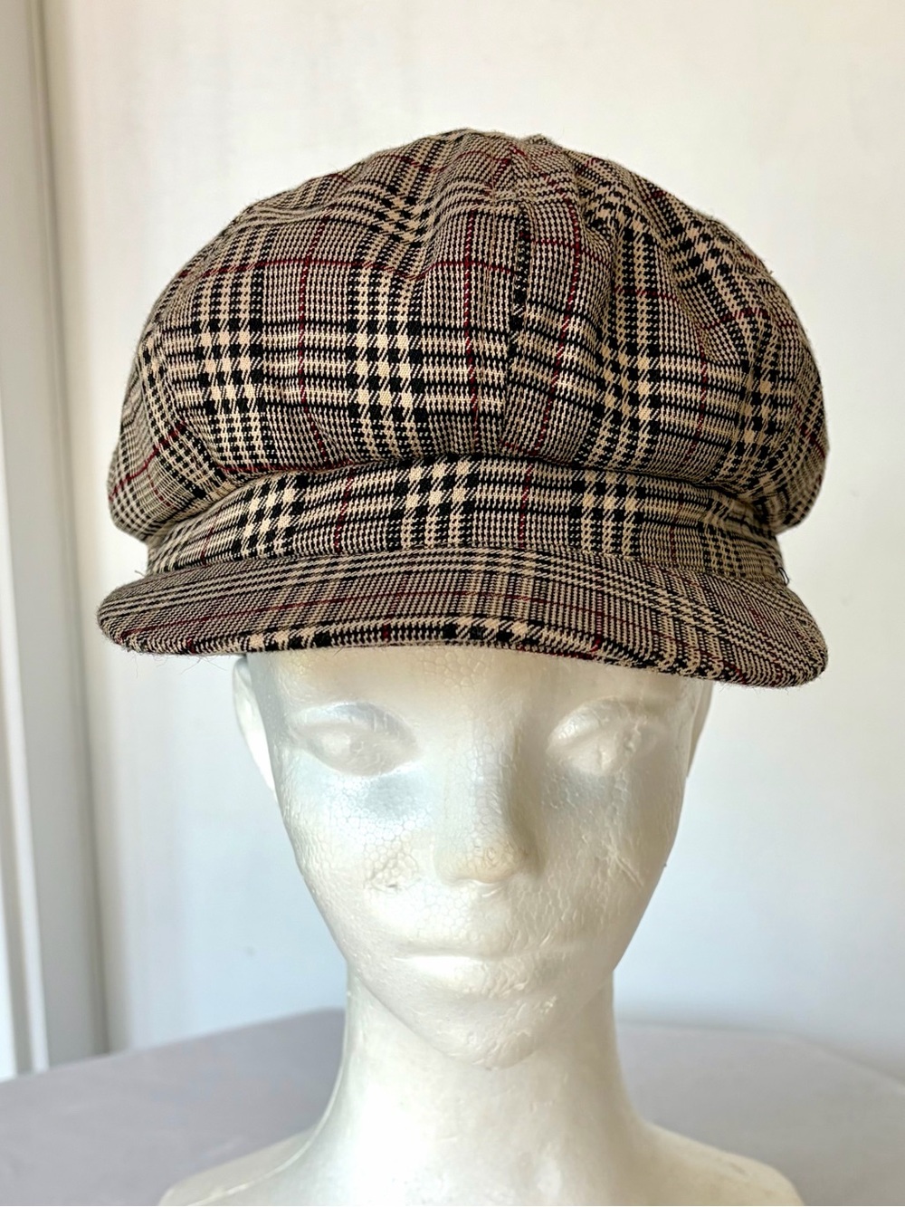 NWOT Plaid Newsboy Cap, Tan Black Check, adjustable, L